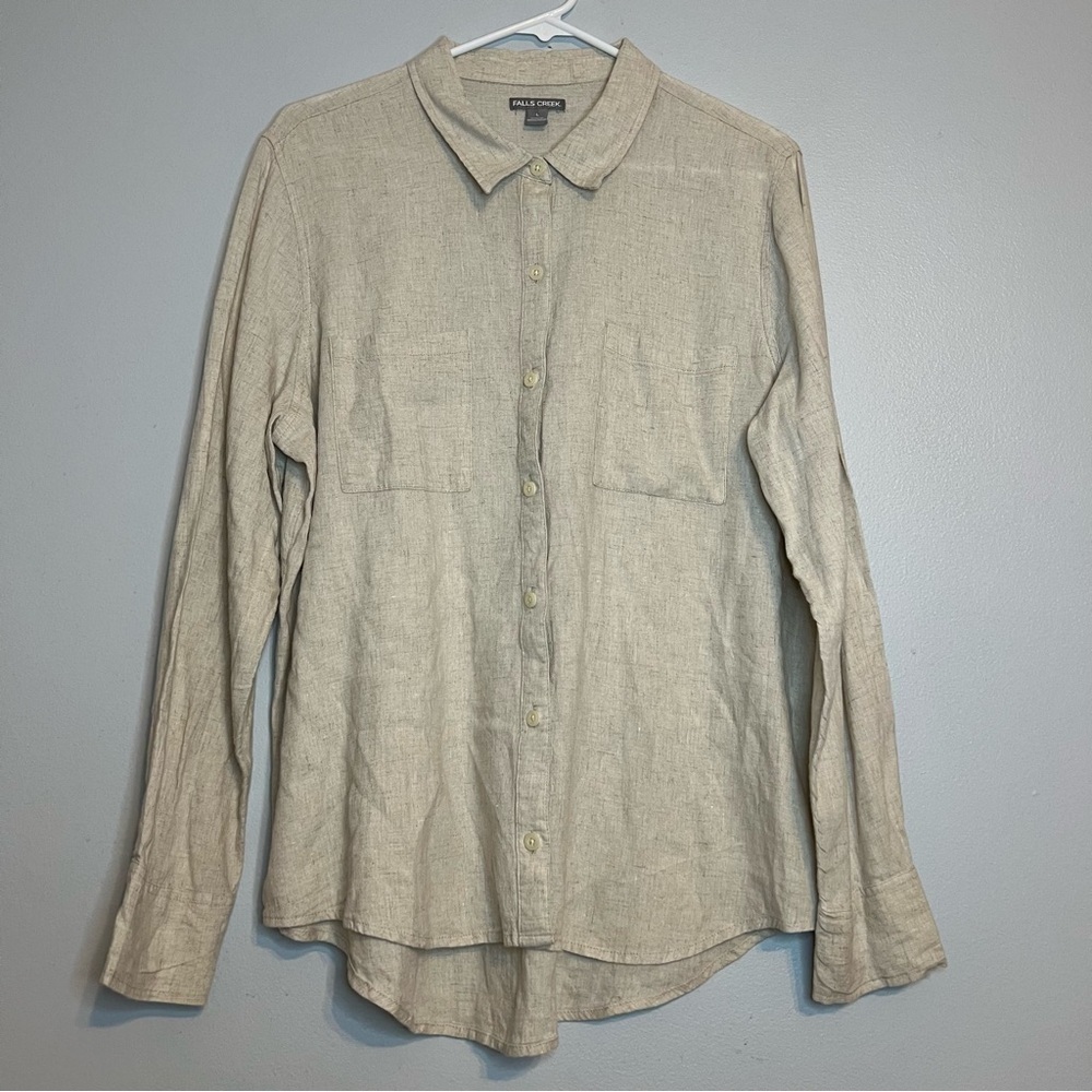 Falls Creek Linen Rayon Button Up Shirt Neutral Beige Sz L Minimalist Natural